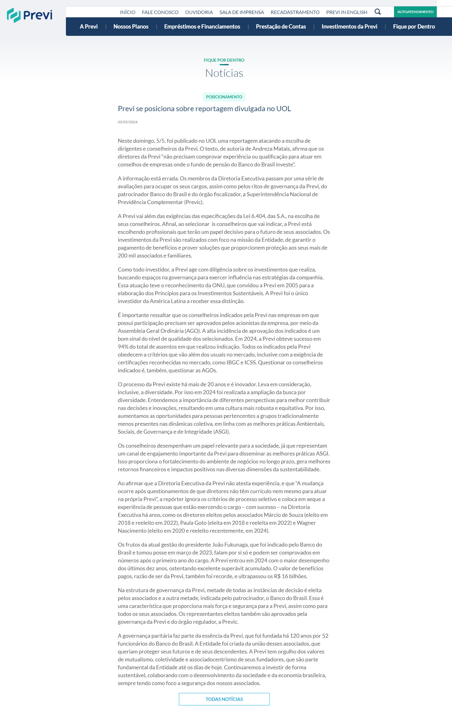 Rede Clipping: Previ se posiciona sobre reportagem divulgada no UOL