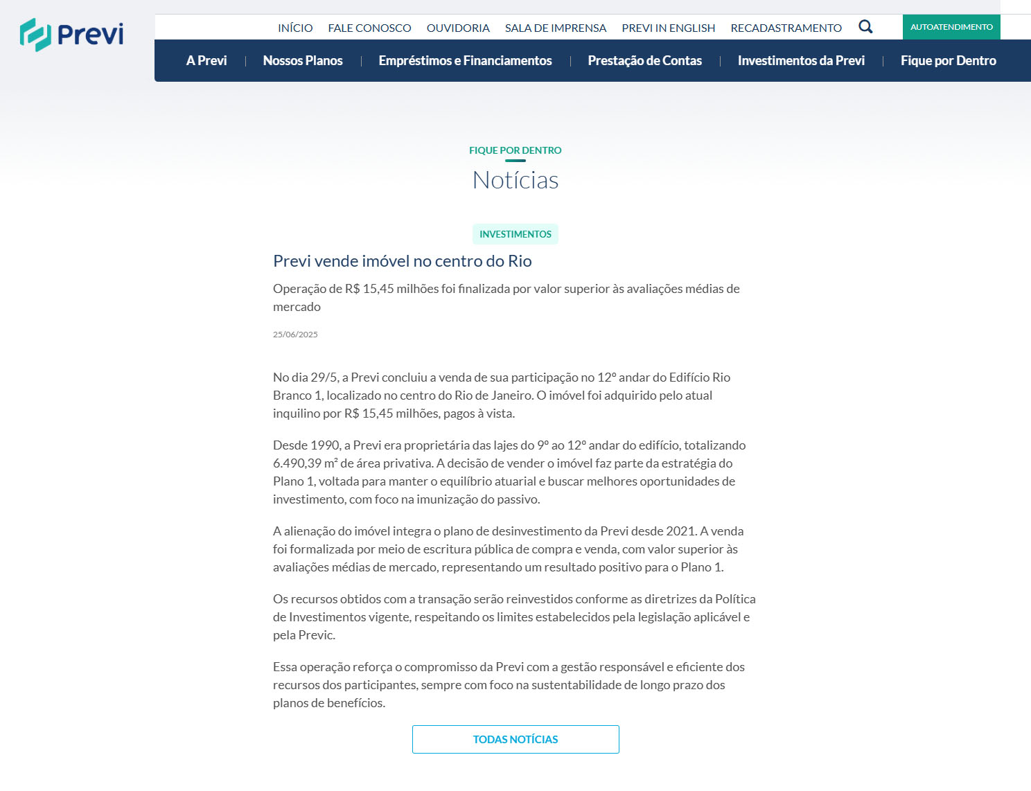 Rede Clipping: Previ vende imóvel no centro do Rio